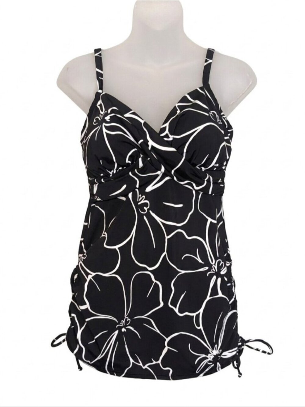 Trimshaper Black White Floral Tankini Top Tummy Control Swimsuit Womens Size 10